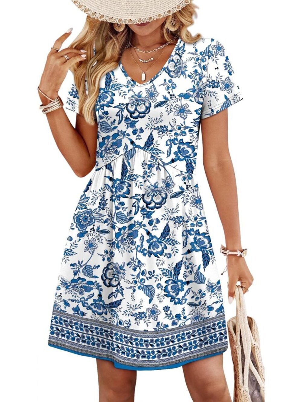 Dresses for Women 2026 Casual Summer V Neck Babydoll Dress Short Sleeve Fashion